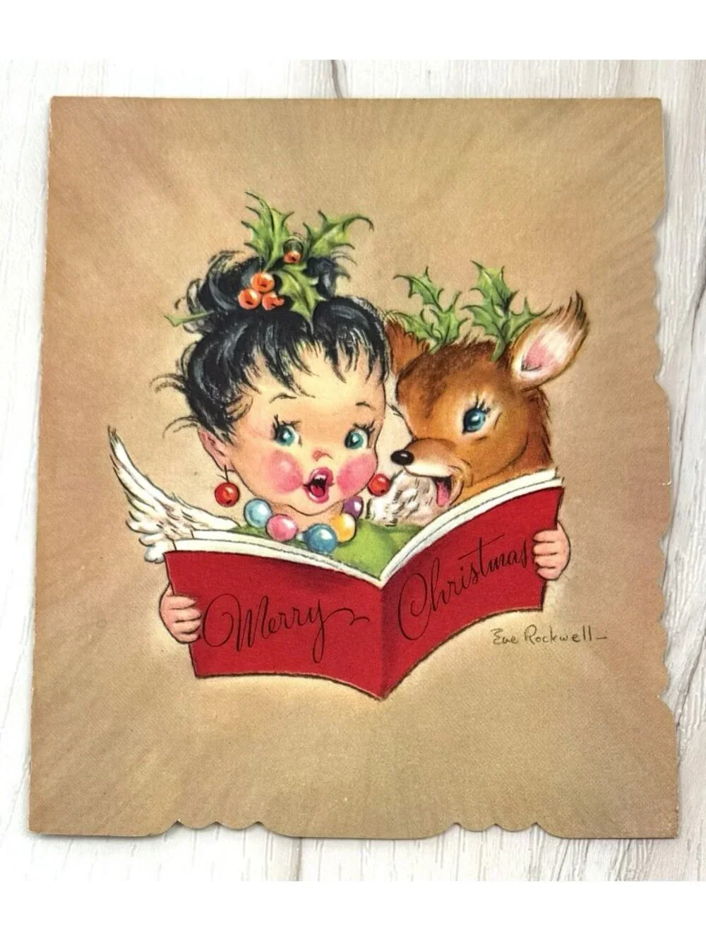 VTG UNUSED Christmas Card Artist EVE ROCKWELL Cheerie Cherubs Caroling w/ Deer